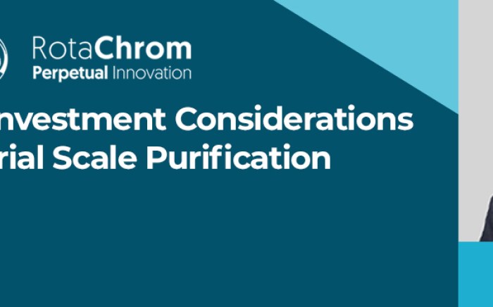 Here you can see a header of RotaChrom's Webinar held in January 2021 about Technology and investment considerations for industrial scale purification by András Gaspar, PhD.