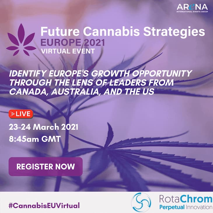 Here you can see a header of RotaChrom's virtual event held in March 2021 about Future Cannabis Strategies Erope 2021.