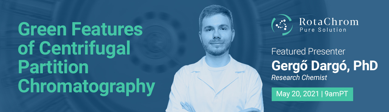Here you can see a header of RotaChrom's Webinar in May 2021 about green features of centrifugal partation chromatography with Gergő Dragó, PhD.